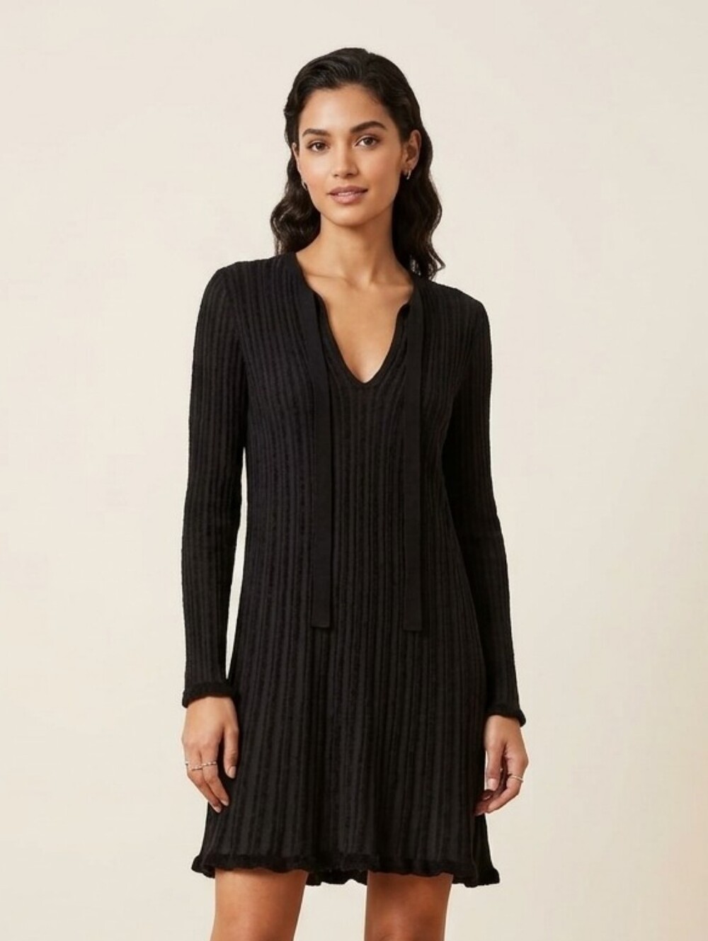 M by Missoni Black Ribbed Long-Sleeve V-Neck Knit Dress Italian Quiet Luxury LBD
